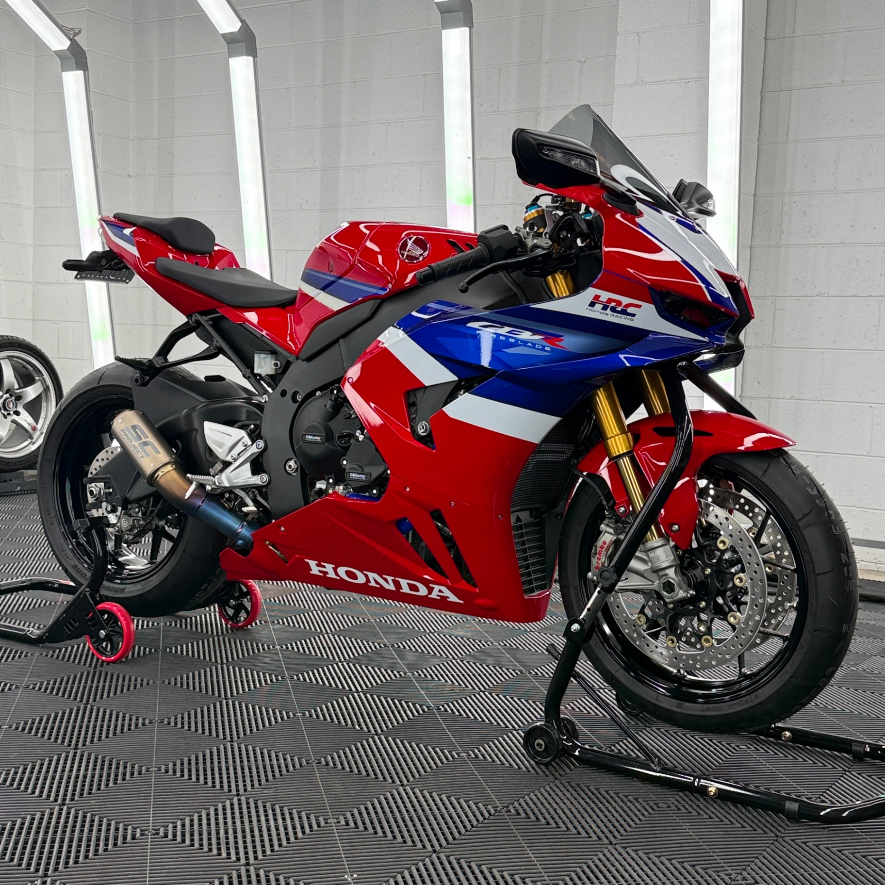 Honda CBR1000RR-R in the Tidy Automotive detailing studio after ceramic coating