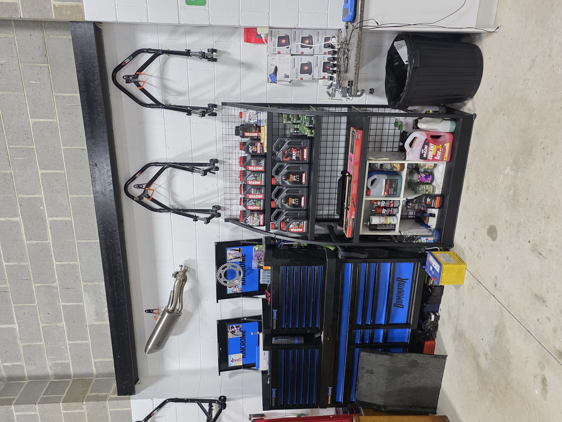 Workshop floor and tooling at Priesty's Motorcycle Garage