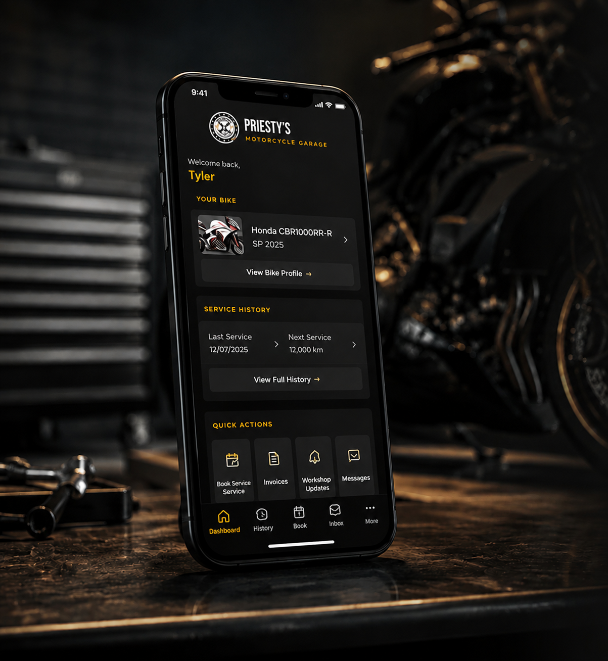 Priesty's Customer App shown on a phone with bike profile, service history and quick actions