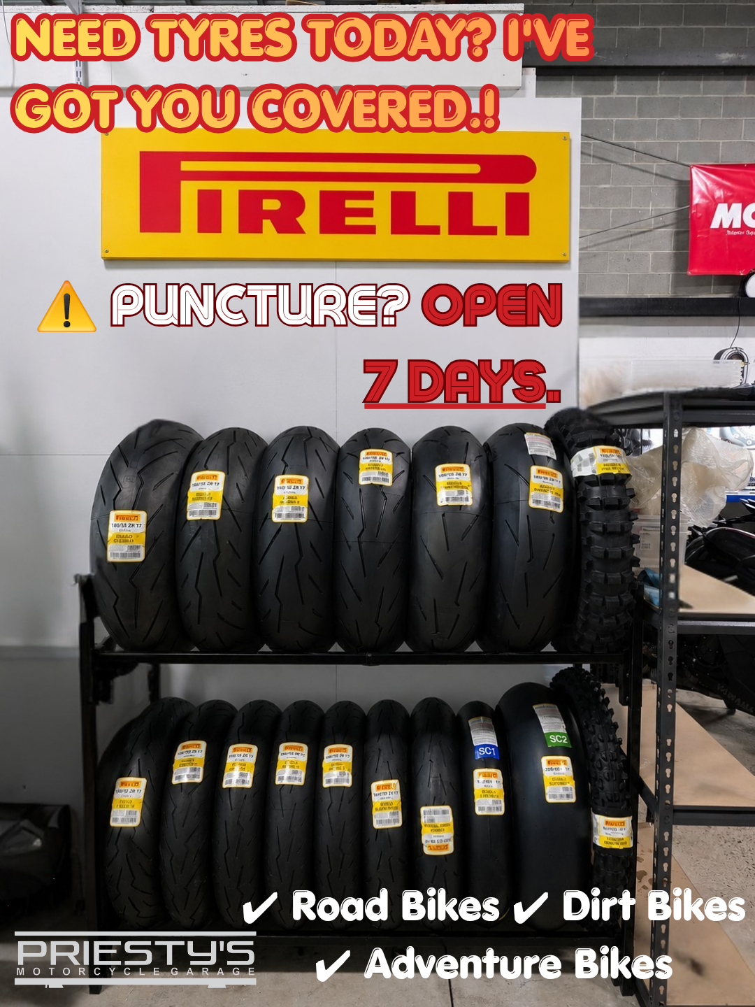 Pirelli motorcycle tyres in stock — road, dirt and adventure